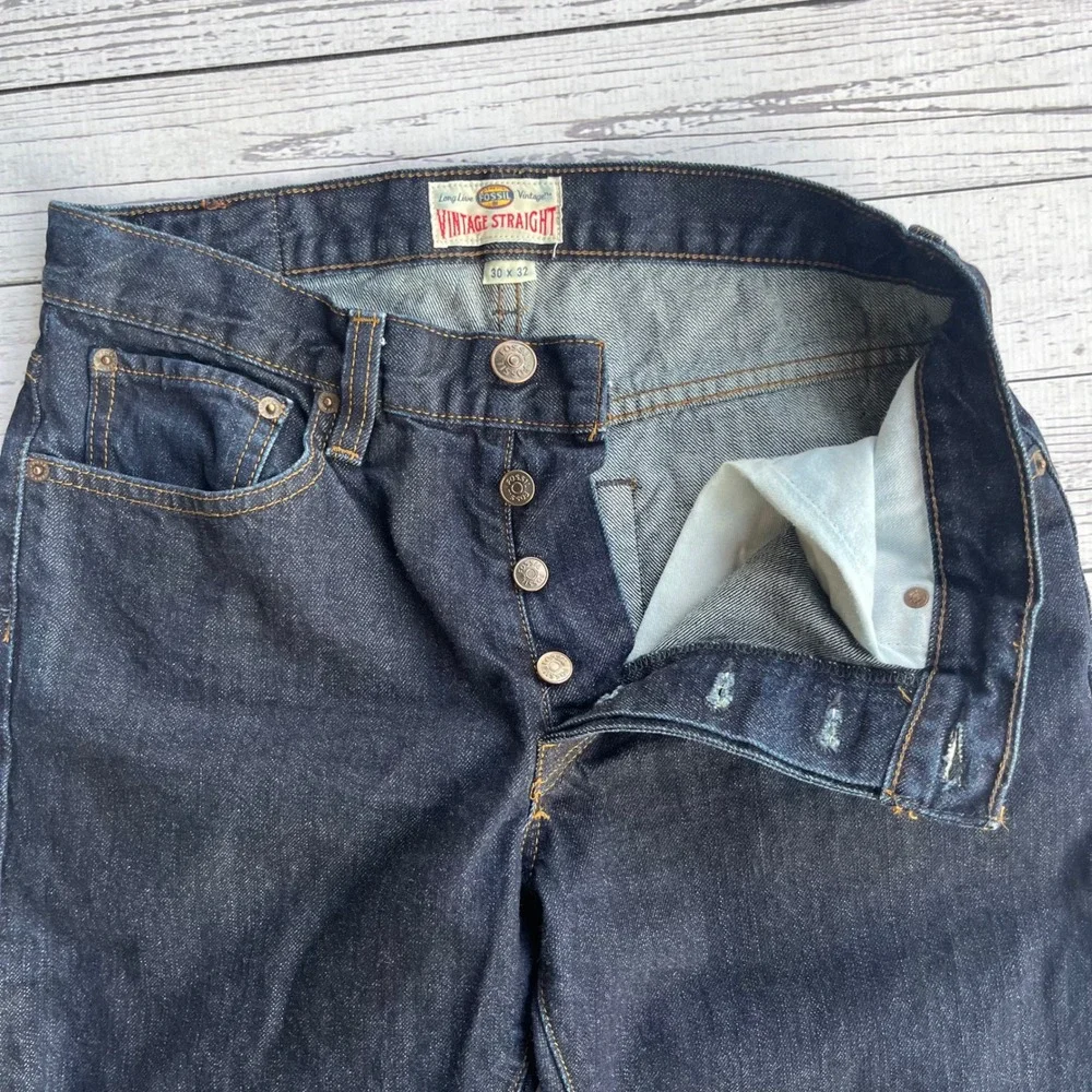 Fossil Mens Vintage Straight Dark Indigo Button Fly Jeans‎ Y2K Streetwear 30x32